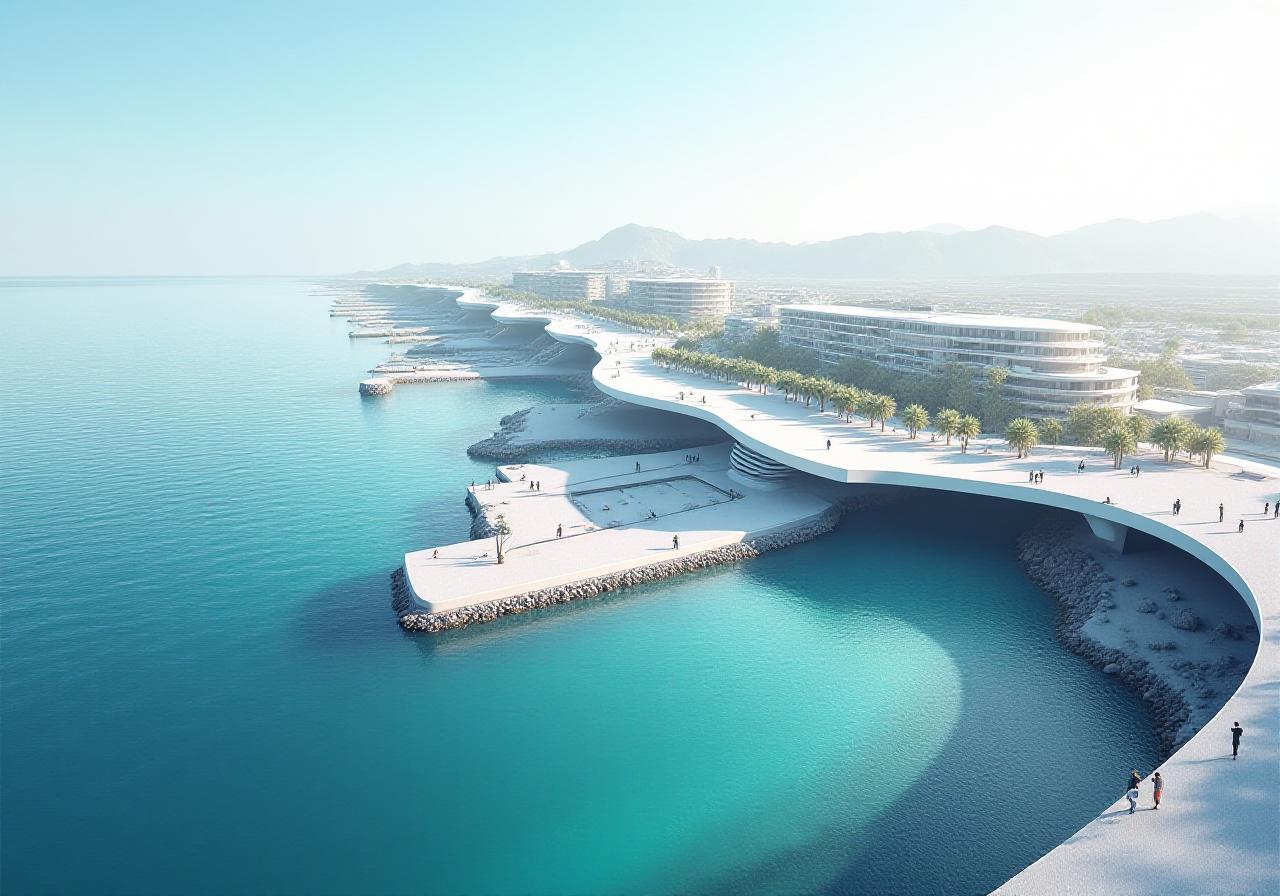 Architectural blueprint of a modernized shoreline